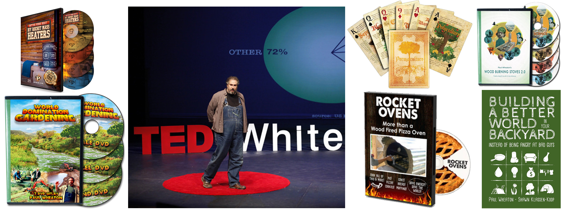 better world book, paul wheaton ted talk, rocket stove and oven DVDs, permaculture cards, World Domination Gardening